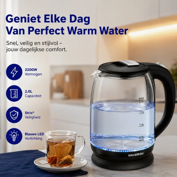 HAUSBERG HB-3616 Hervidor de Agua de Vidrio 2L con LED y Base de 360°