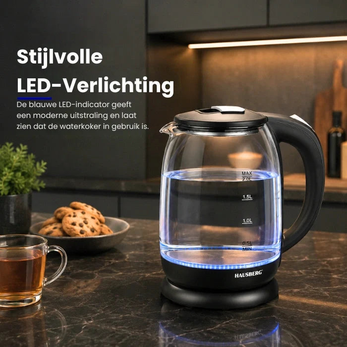 HAUSBERG HB-3616 Hervidor de Agua de Vidrio 2L con LED y Base de 360°