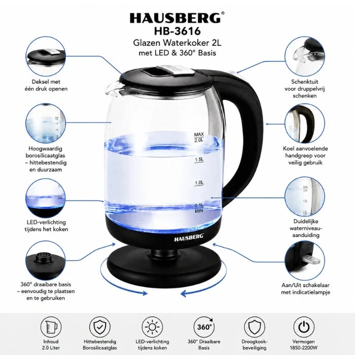 HAUSBERG HB-3616 Hervidor de Agua de Vidrio 2L con LED y Base de 360°